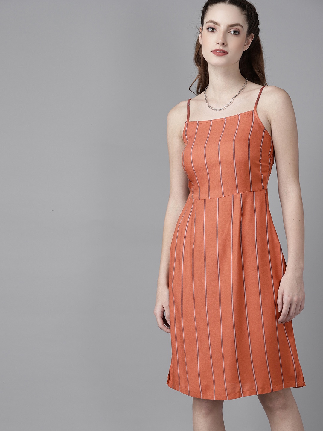 The Roadster Lifestyle Co Rust Grey Striped A-Line Dress