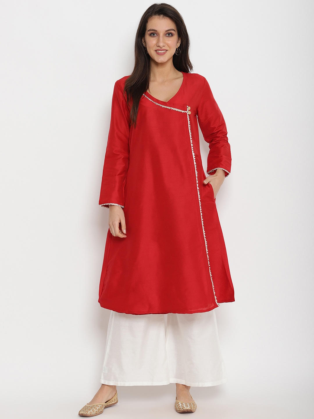 

Abhishti Women Red Solid A-line Angrakha Kurta with Plazzos