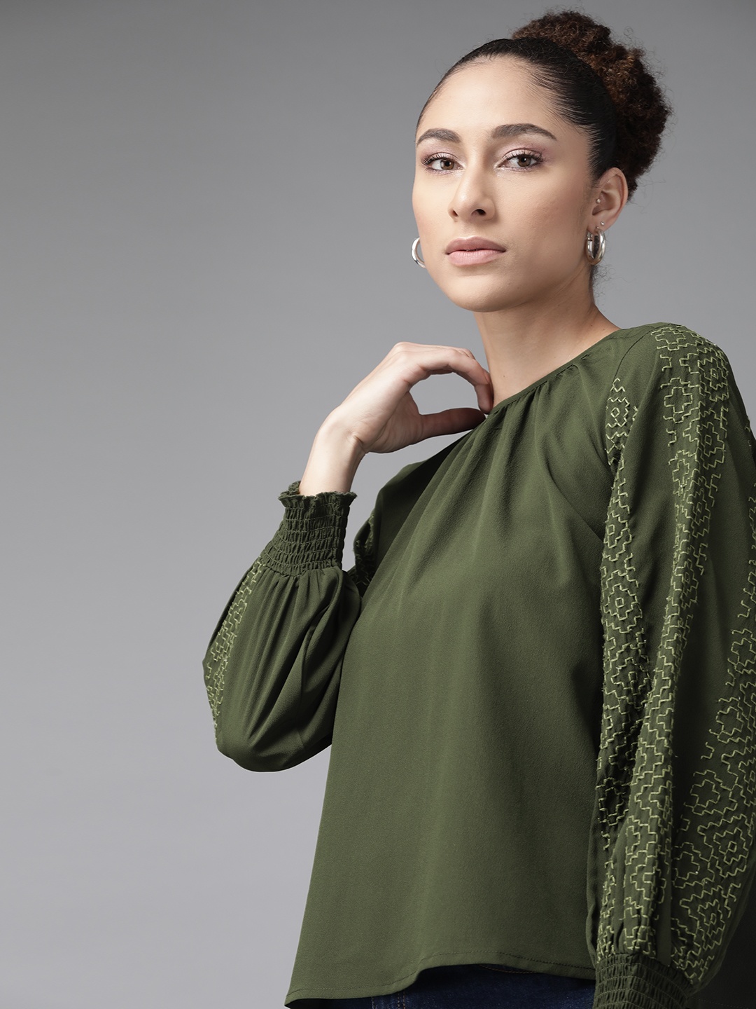 

The Roadster Lifestyle Co Green Smocked Top with Embroidered Sleeves