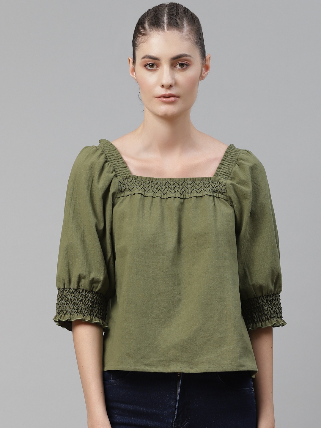 

The Roadster Lifestyle Co Women Olive Green Pure Cotton Regular Top