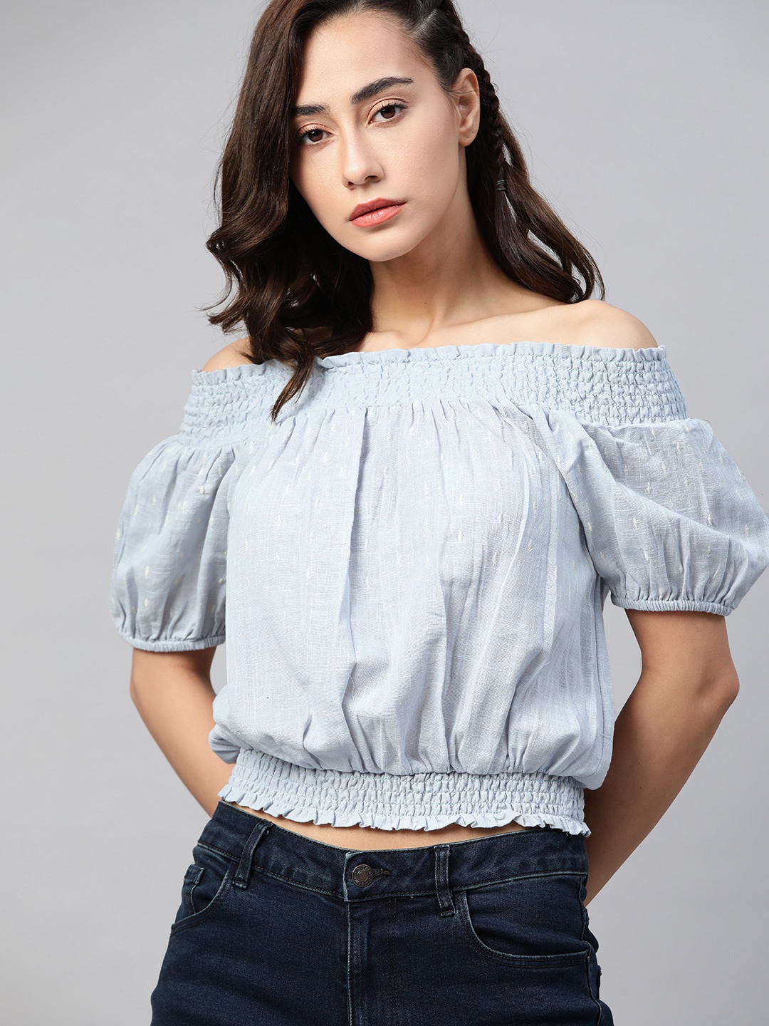 

The Roadster Lifestyle Co Blue & White Geometric Embroidered Off-Shoulder Smocked Blouson Top