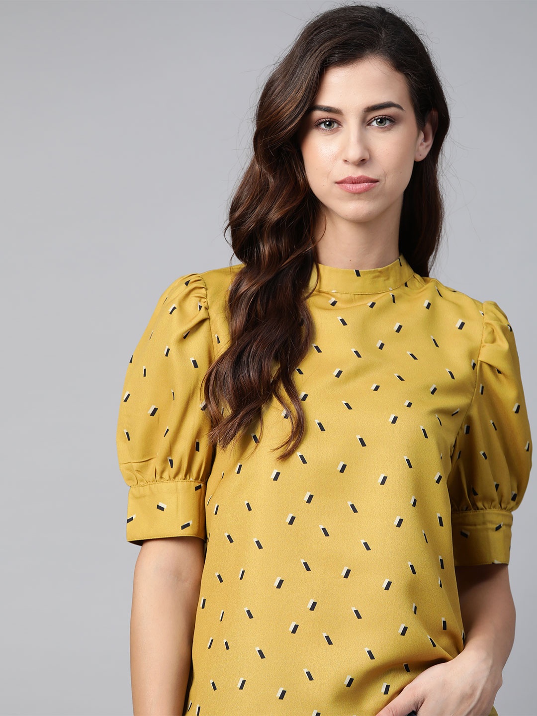 

The Roadster Lifestyle Co Mustard Yellow Recycled Polyester Printed Puff Sleeve Top