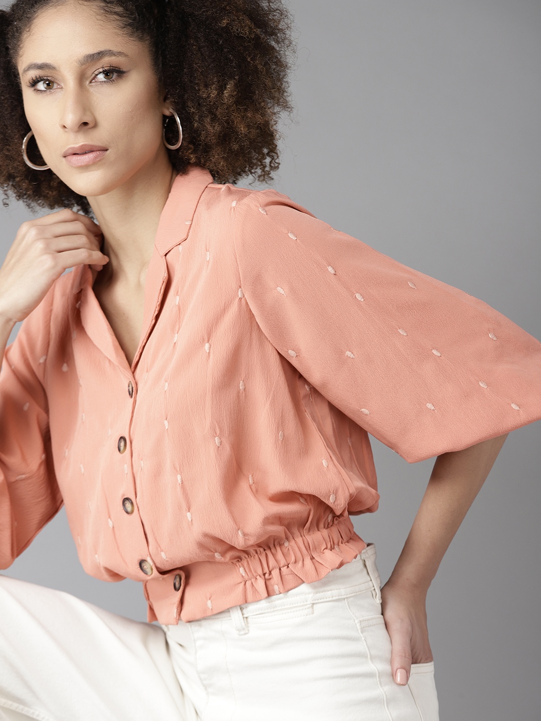 

The Roadster Lifestyle Co Peach-Coloured Geometric Embroidered Blouson Top