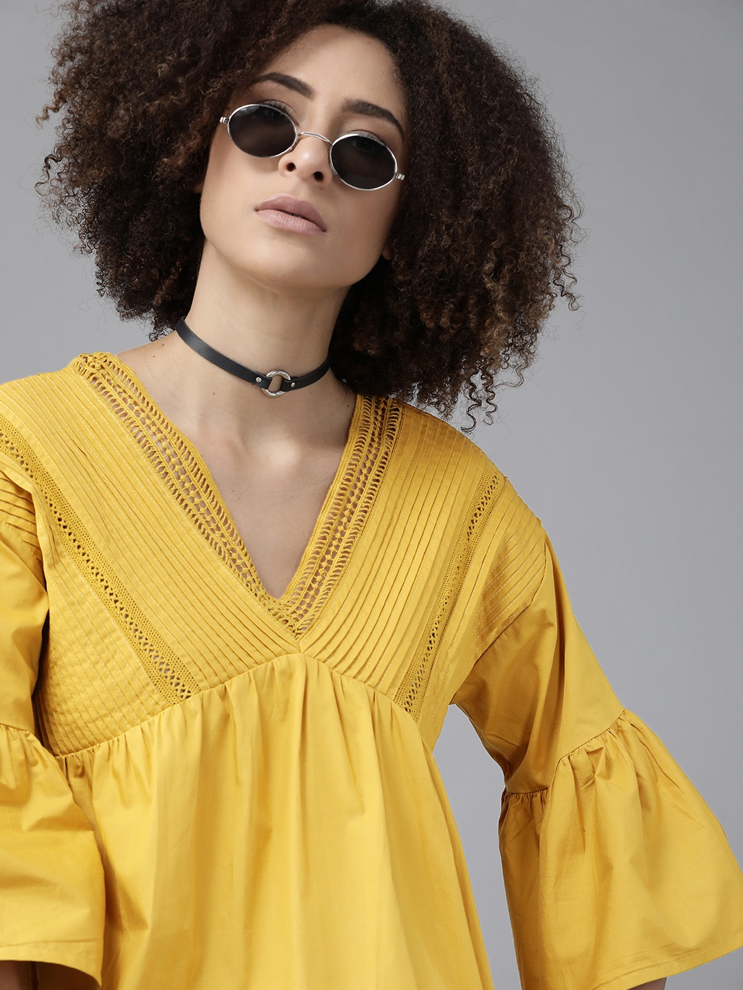 

The Roadster Lifestyle Co Women Mustard Yellow Solid Pure Cotton A-Line Top