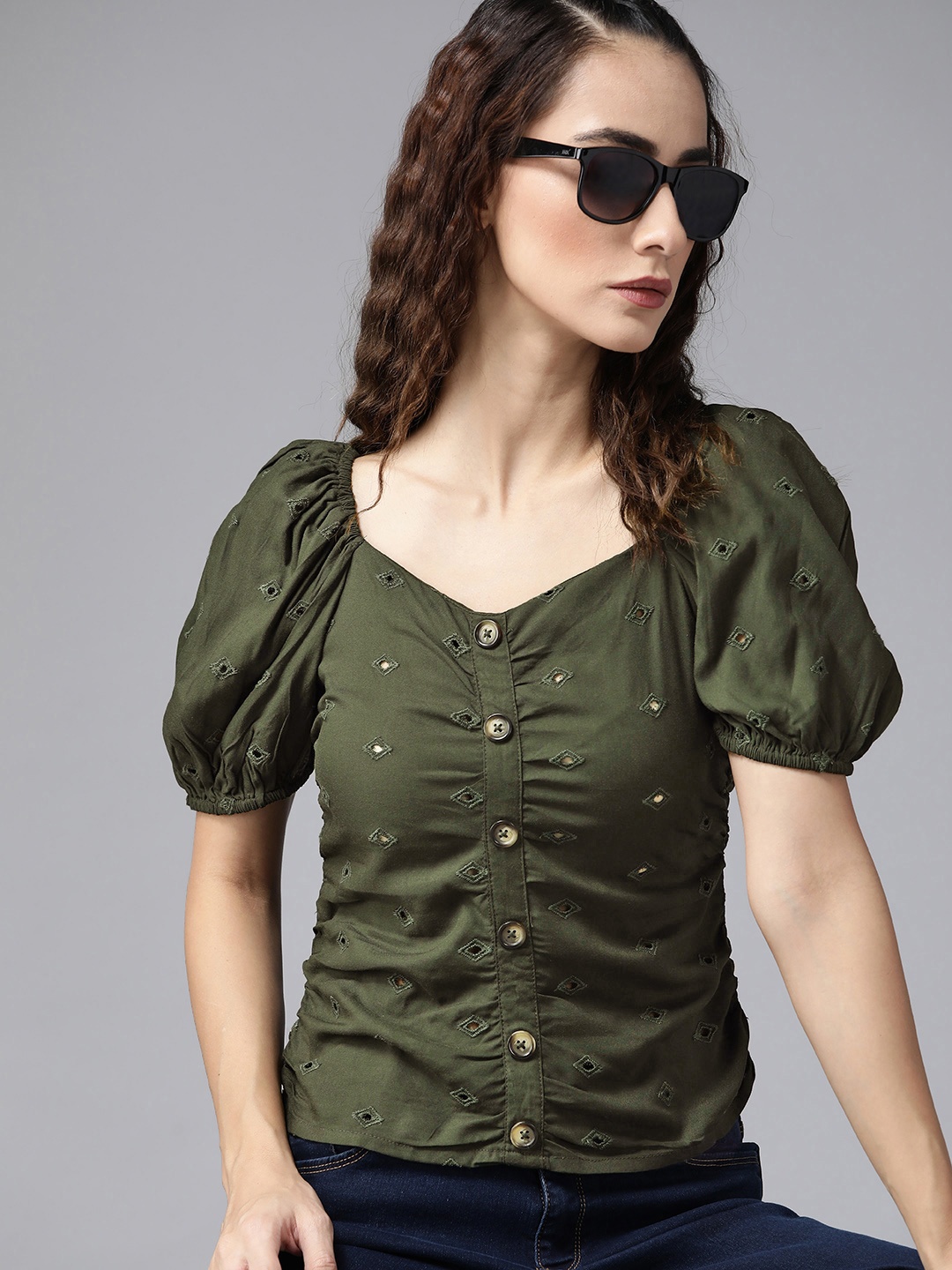 

The Roadster Lifestyle Co Women Green Embroidered Schiffli Regular Top