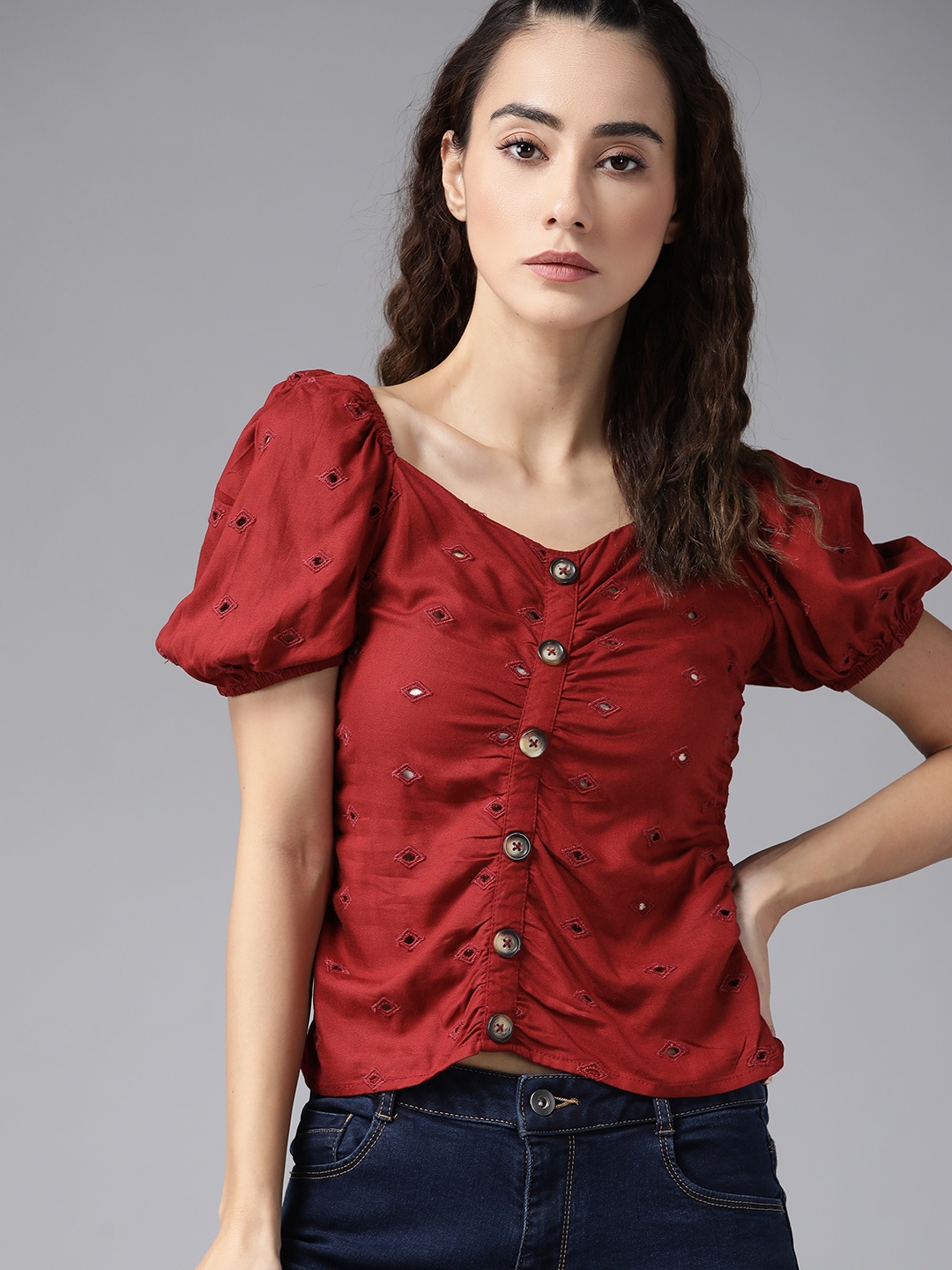 

The Roadster Lifestyle Co Women Red Embroidered Schiffli Regular Top