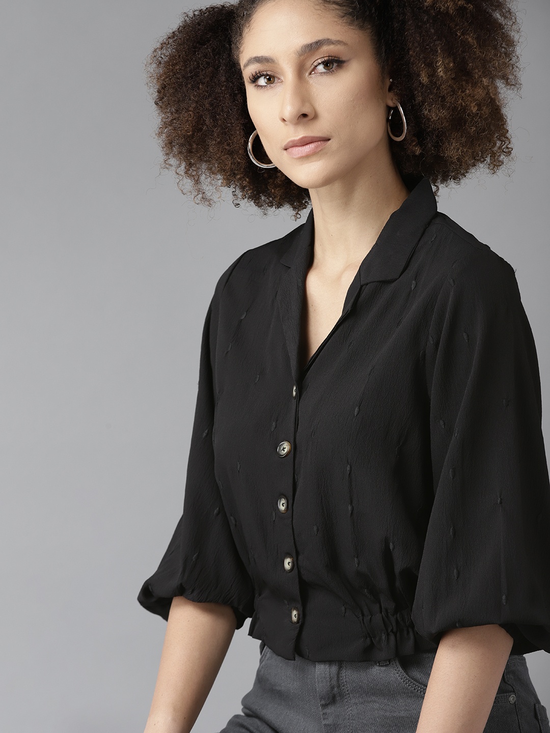 

The Roadster Lifestyle Co Black Geometric Embroidered Blouson Top