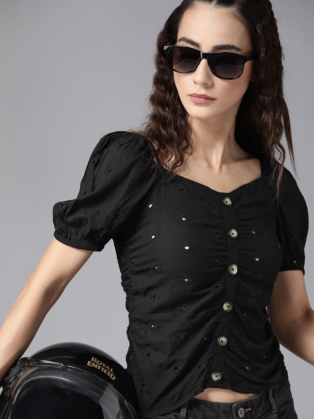 

The Roadster Lifestyle Co Women Black Embroidered Schiffli Regular Top