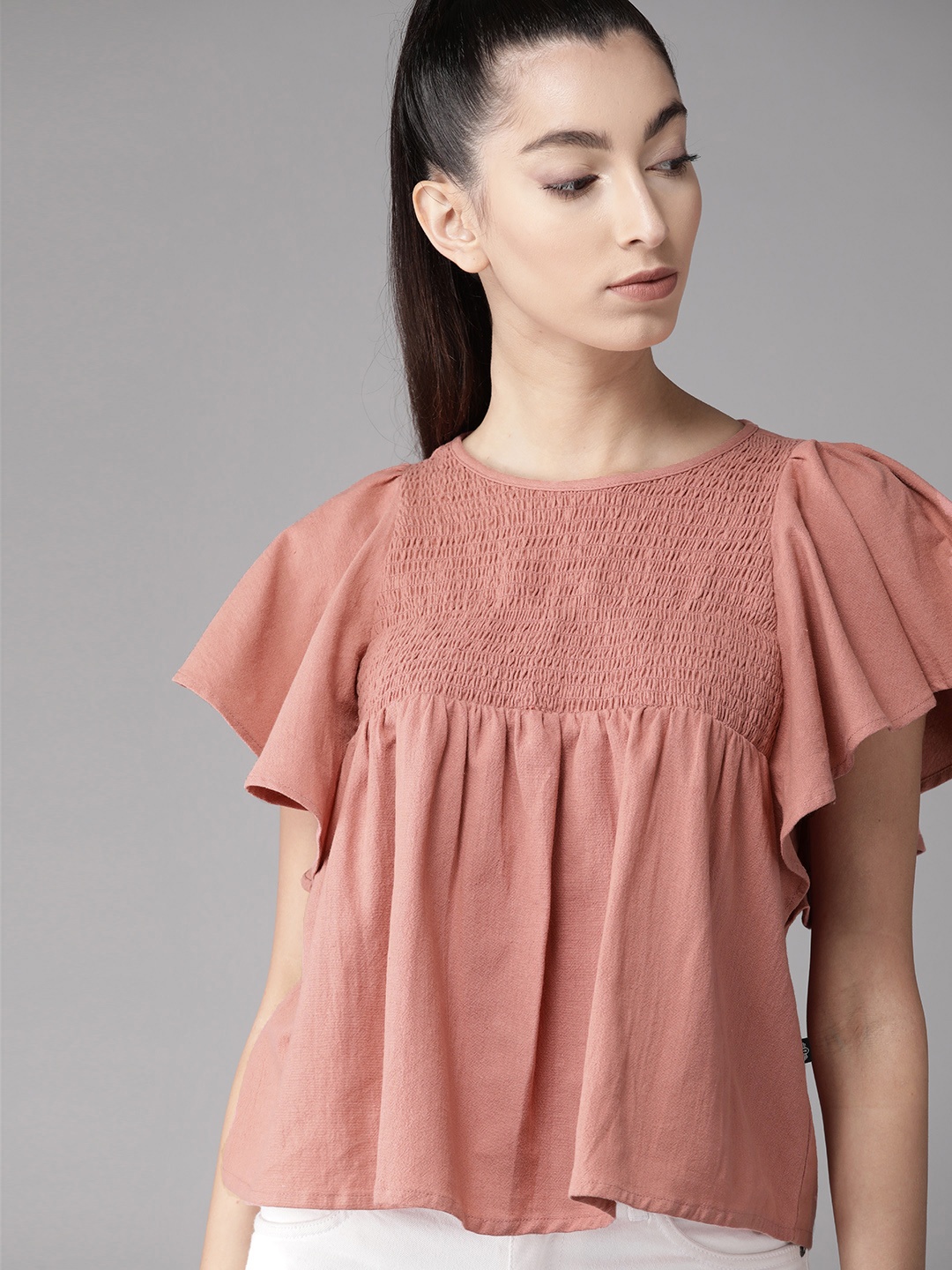 

The Roadster Lifestyle Co pINK Solid Smocked Cotton Regular Top