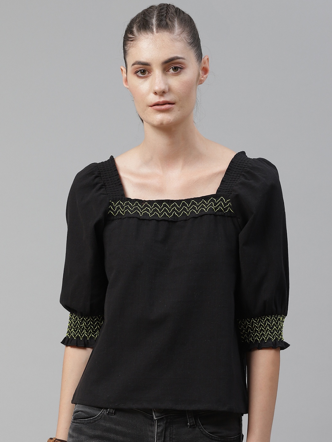 

The Roadster Lifestyle Co Women Black Pure Cotton Regular Top