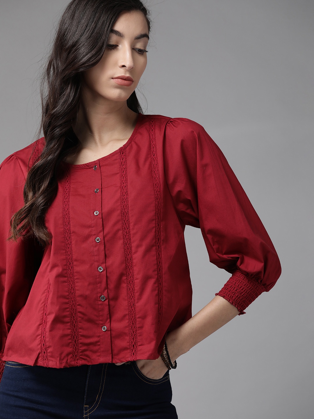 

The Roadster Lifestyle Co Women Maroon Pure Cotton Solid Puff Sleeves Regular Top