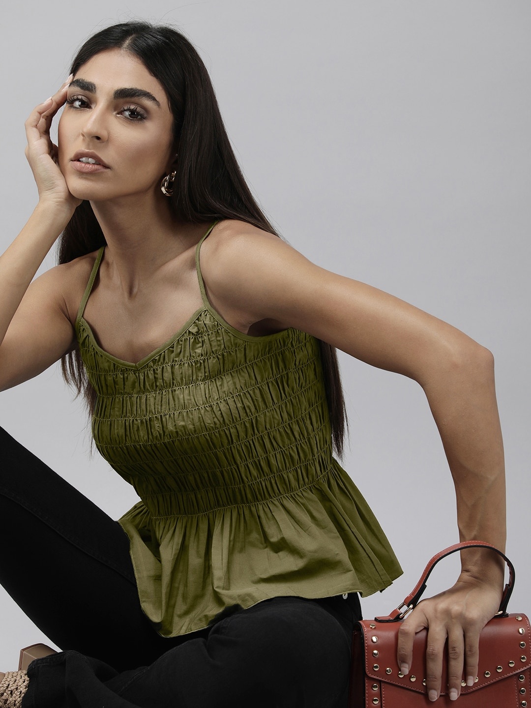 

The Roaster Lifestyle Co. Olive Green Solid Shoulder Strap Peplum Top With Smocked Detail