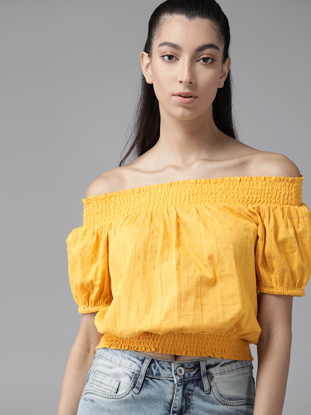 

The Roadster Lifestyle Co Yellow Embroidered Puff Sleeves Smocked Bardot Top