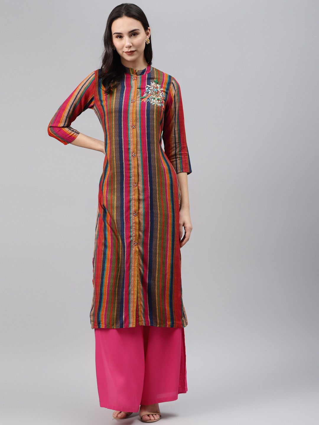 

Nehamta Women Multicoloured Striped Straight Kurta with Thread Work Detail, Multi