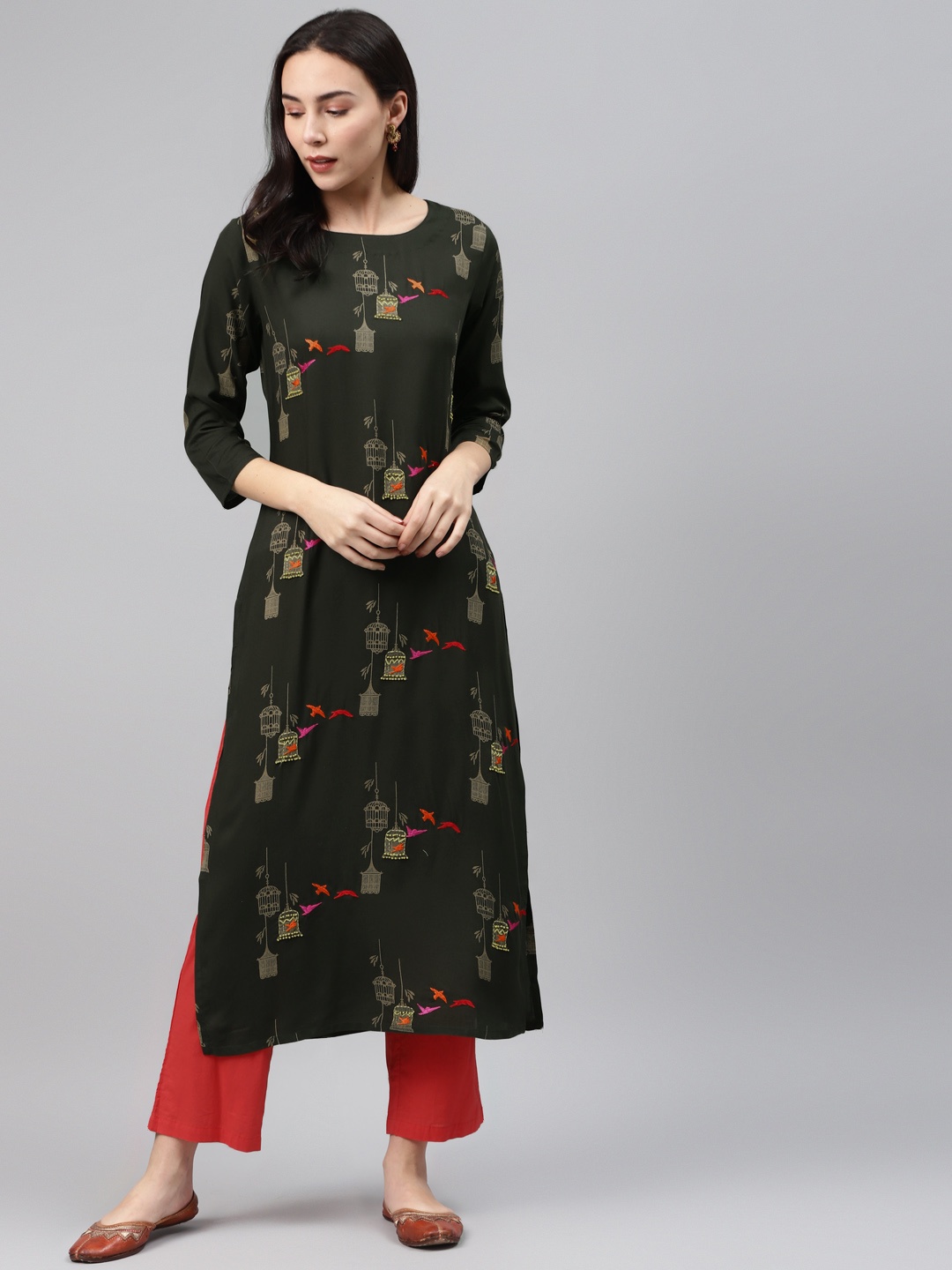 

Nehamta Women Green & Beige Printed Straight Kurta