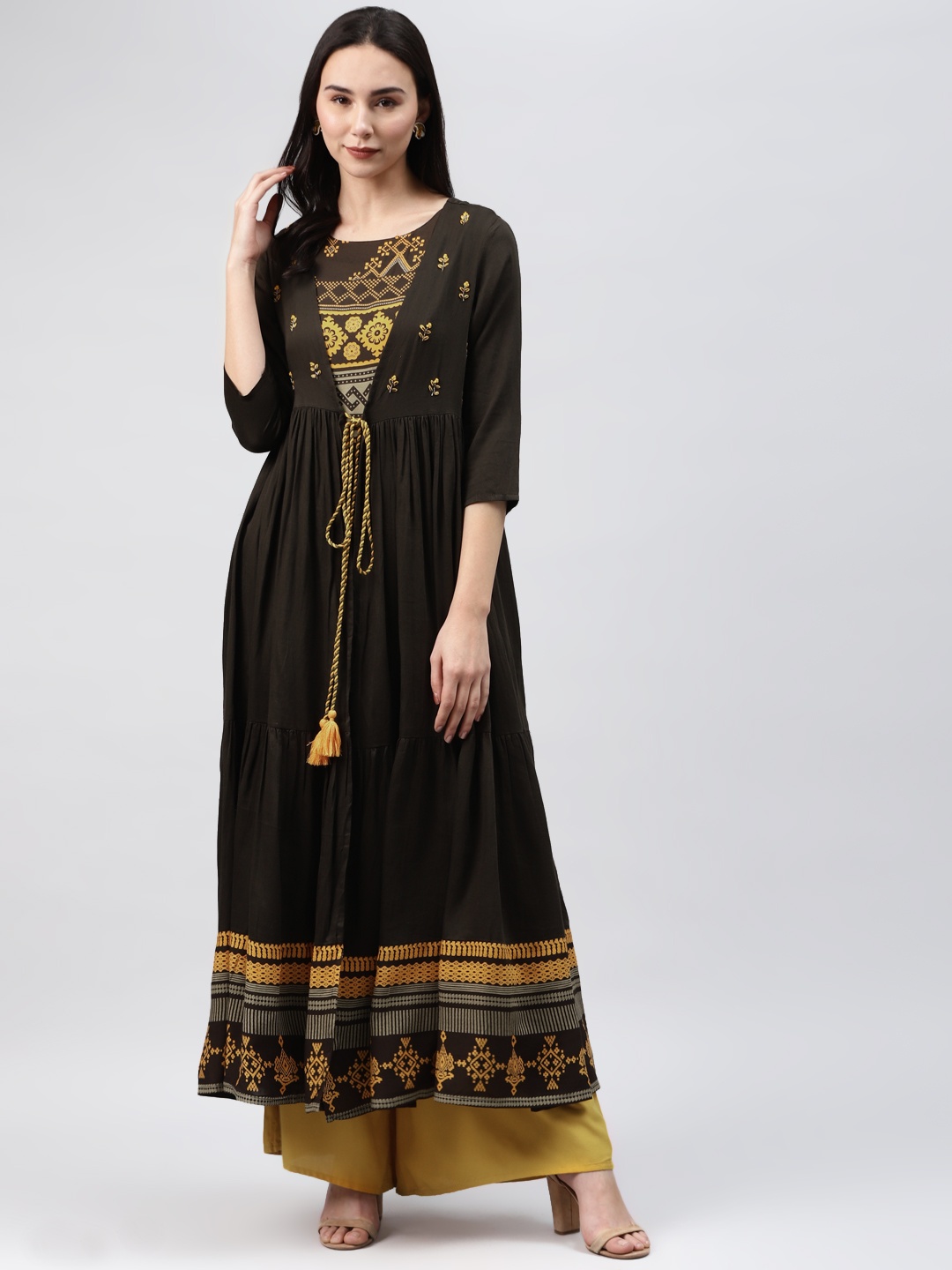 

Nehamta Women Coffee Brown & Mustard Yellow Printed Layered Anarkali Kurta