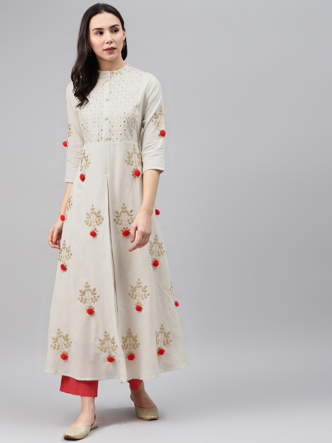 

Nehamta Women Beige & Red Embroidered A-Line Kurta