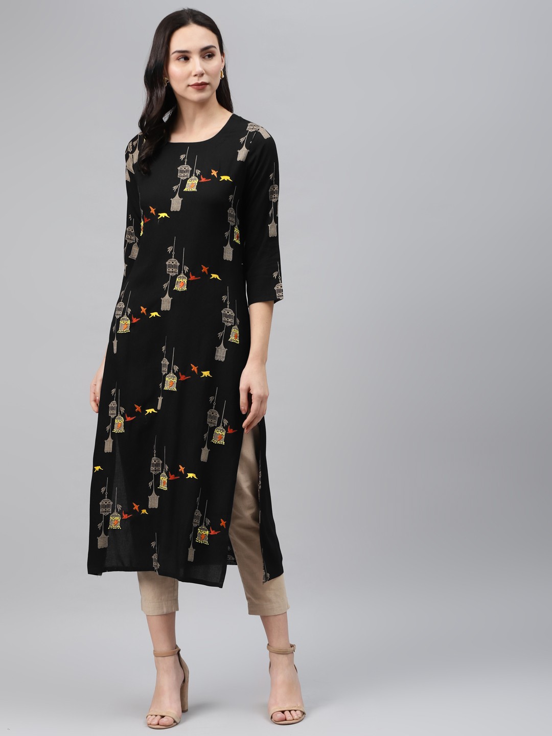 

Nehamta Women Black & Taupe Quirky Print Kantha Embroidered Straight Kurta