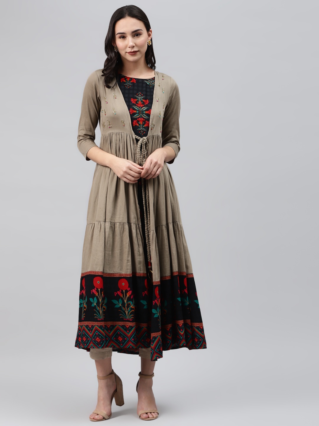 

Nehamta Women Taupe & Red Checked Pleated A-Line Kurta with Tiered Ethnic Jacket