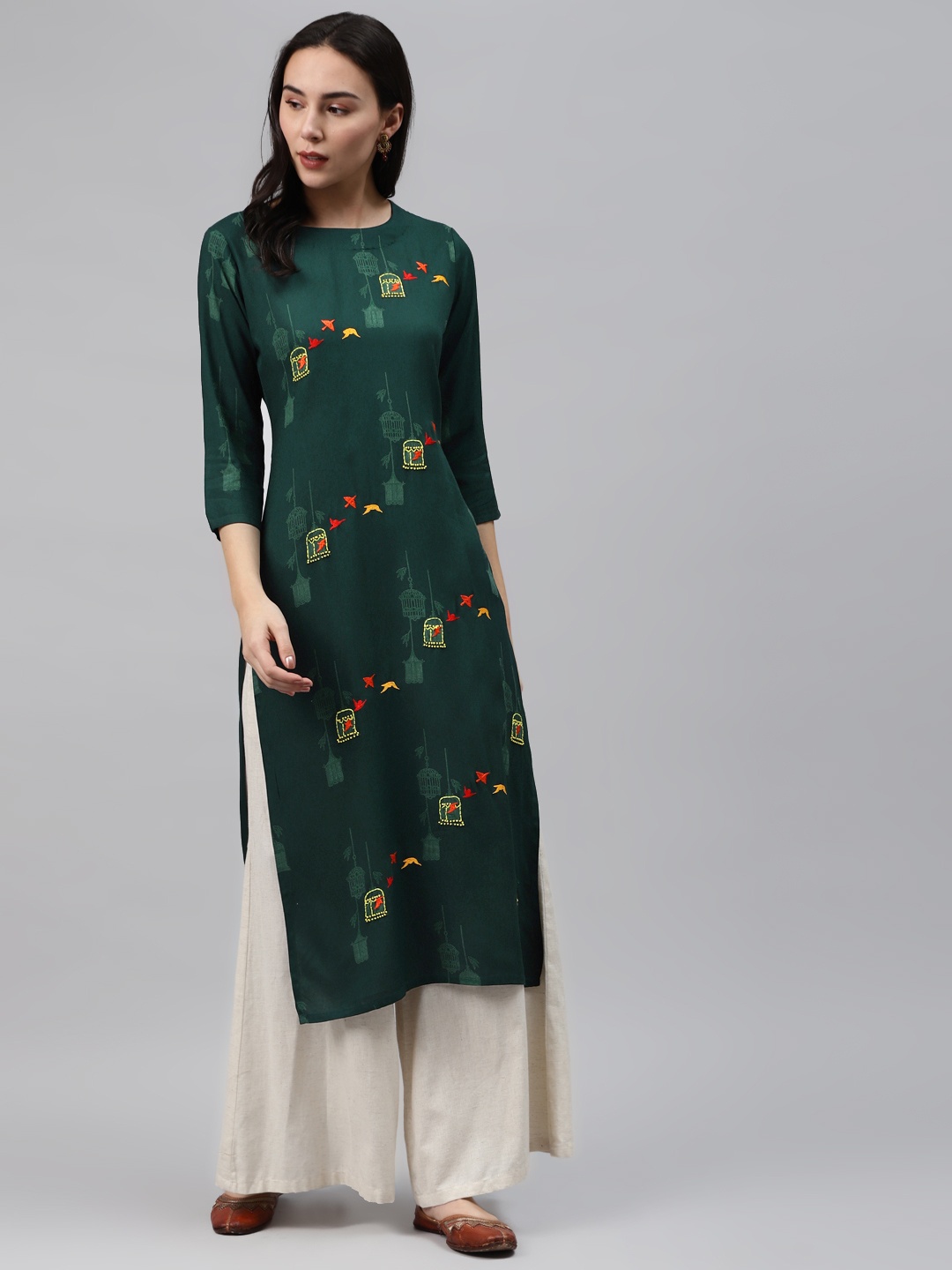 

Nehamta Women Green & Yellow Quirky Print Kantha Embroidered Straight Kurta