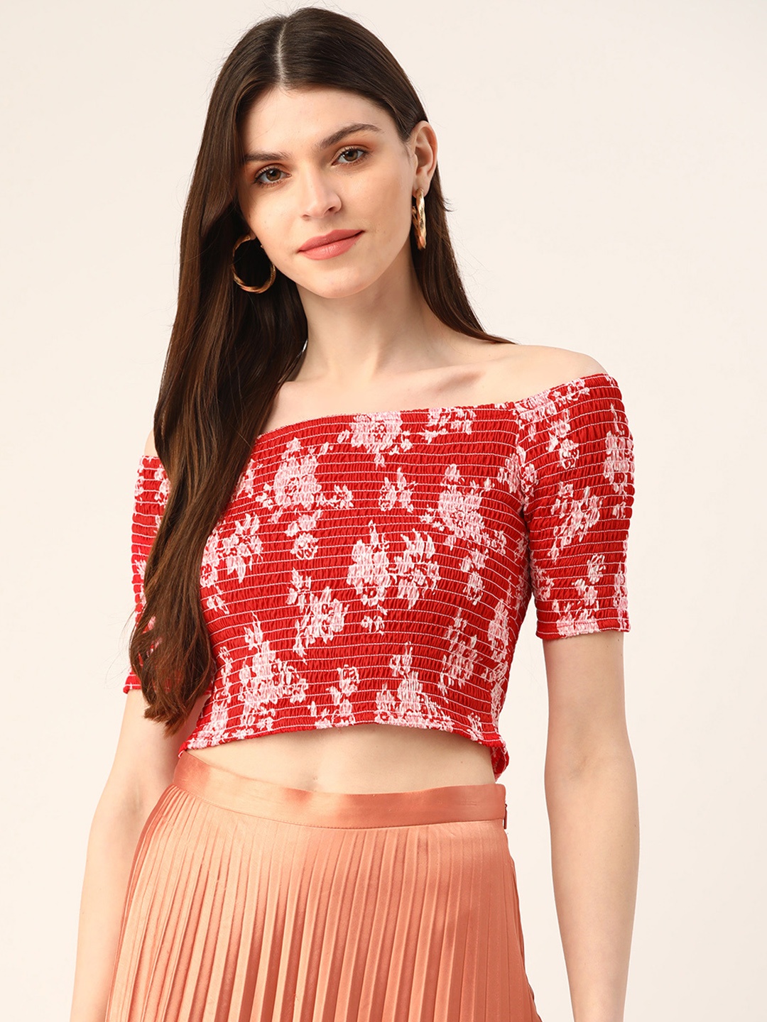 

Trend Arrest Women Red & Pink Printed Off-Shoulder Bardot Crop Top