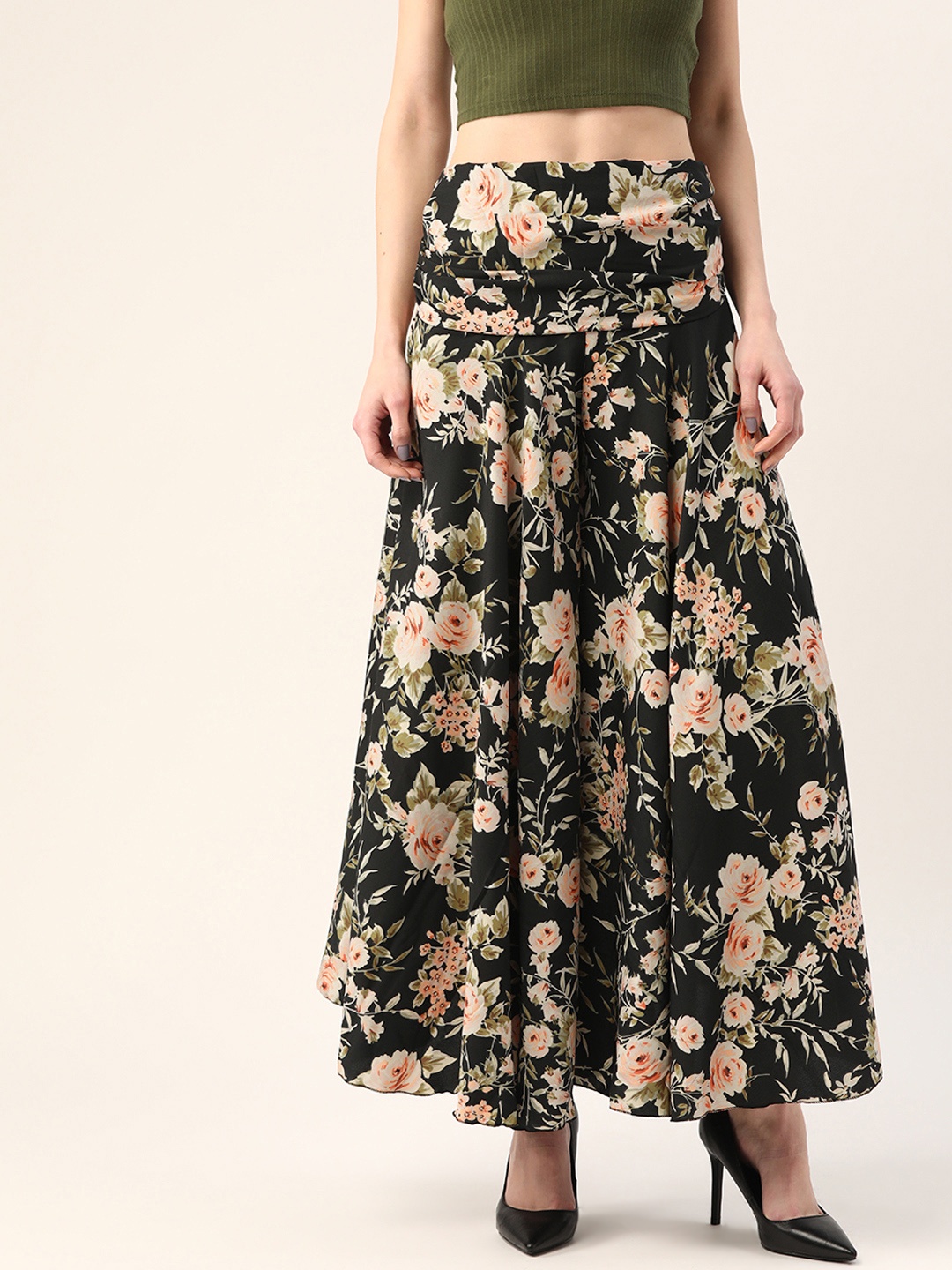 

Trend Arrest Women Black & Peach-Coloured Smocked Floral Print Flared Palazzos