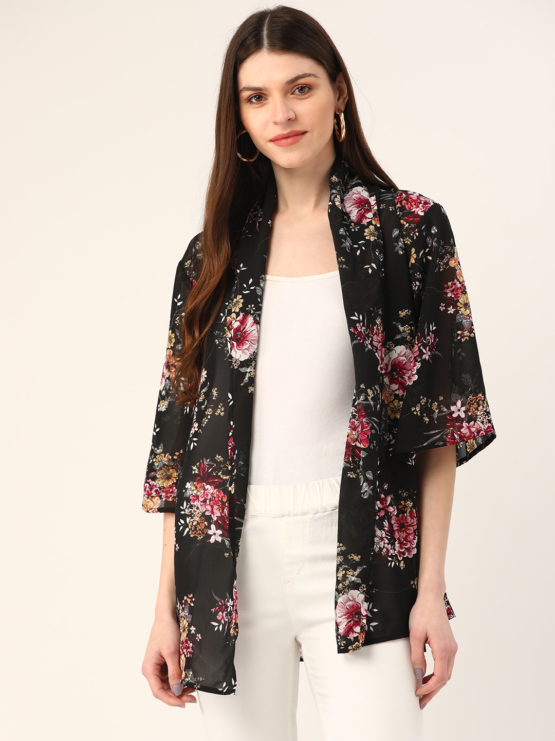 

Trend Arrest Women Black & Maroon Semi-Sheer Floral Print Open Front Shrug