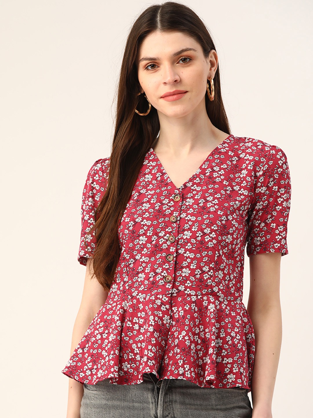 

Trend Arrest Women Magenta & White Floral Ditsy Print A-Line Top