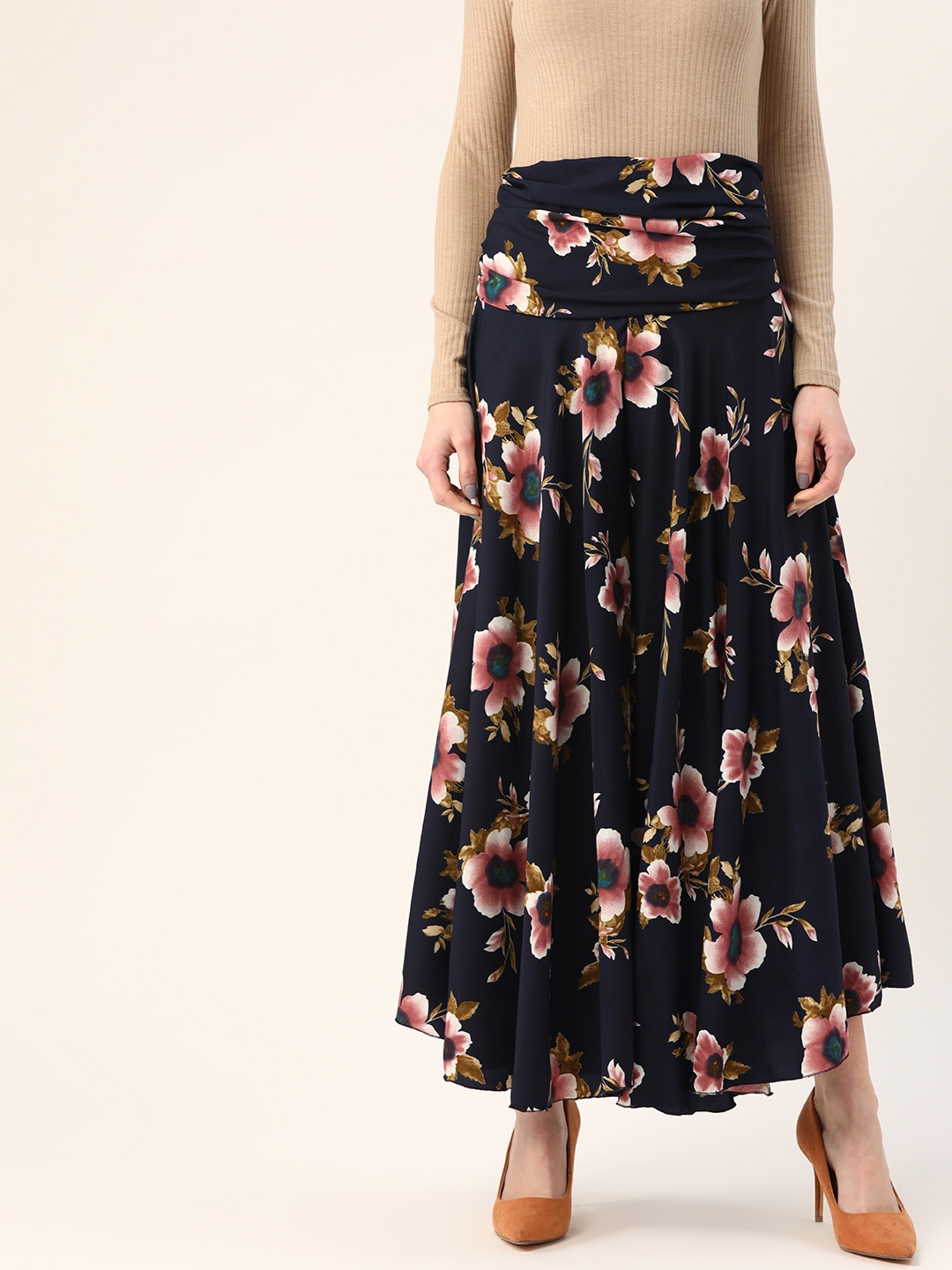 

Trend Arrest Women Navy Blue & Pink Floral Print Smocked Flared Palazzos