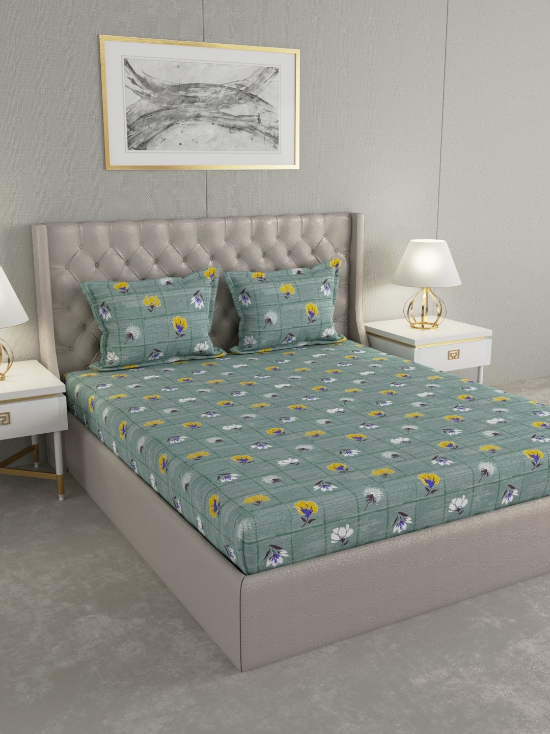 

Raymond Home Green Floral 104 TC Cotton 1 Queen Bedsheet with 2 Pillow Covers
