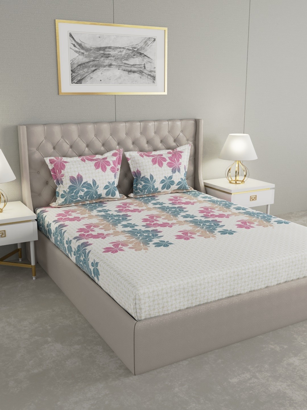 

Raymond Home White Floral 200 TC Cotton 1 Queen Bedsheet with 2 Pillow Covers