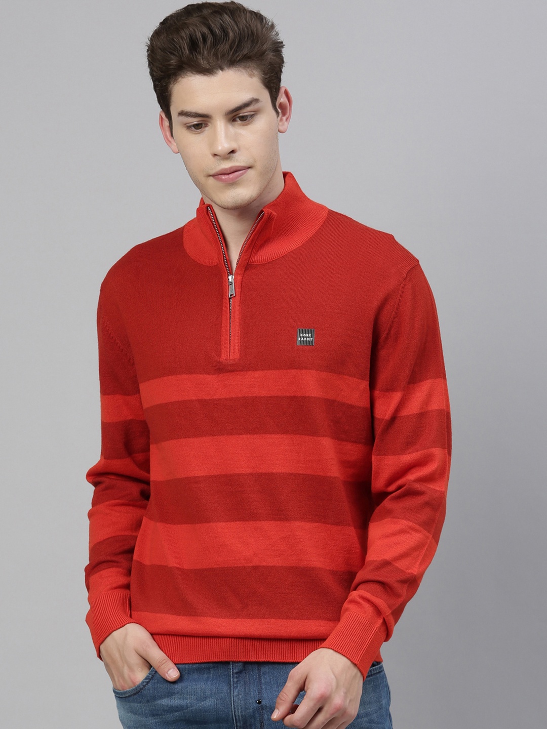 

RARE RABBIT Men Orange Striped Pullover Sweater