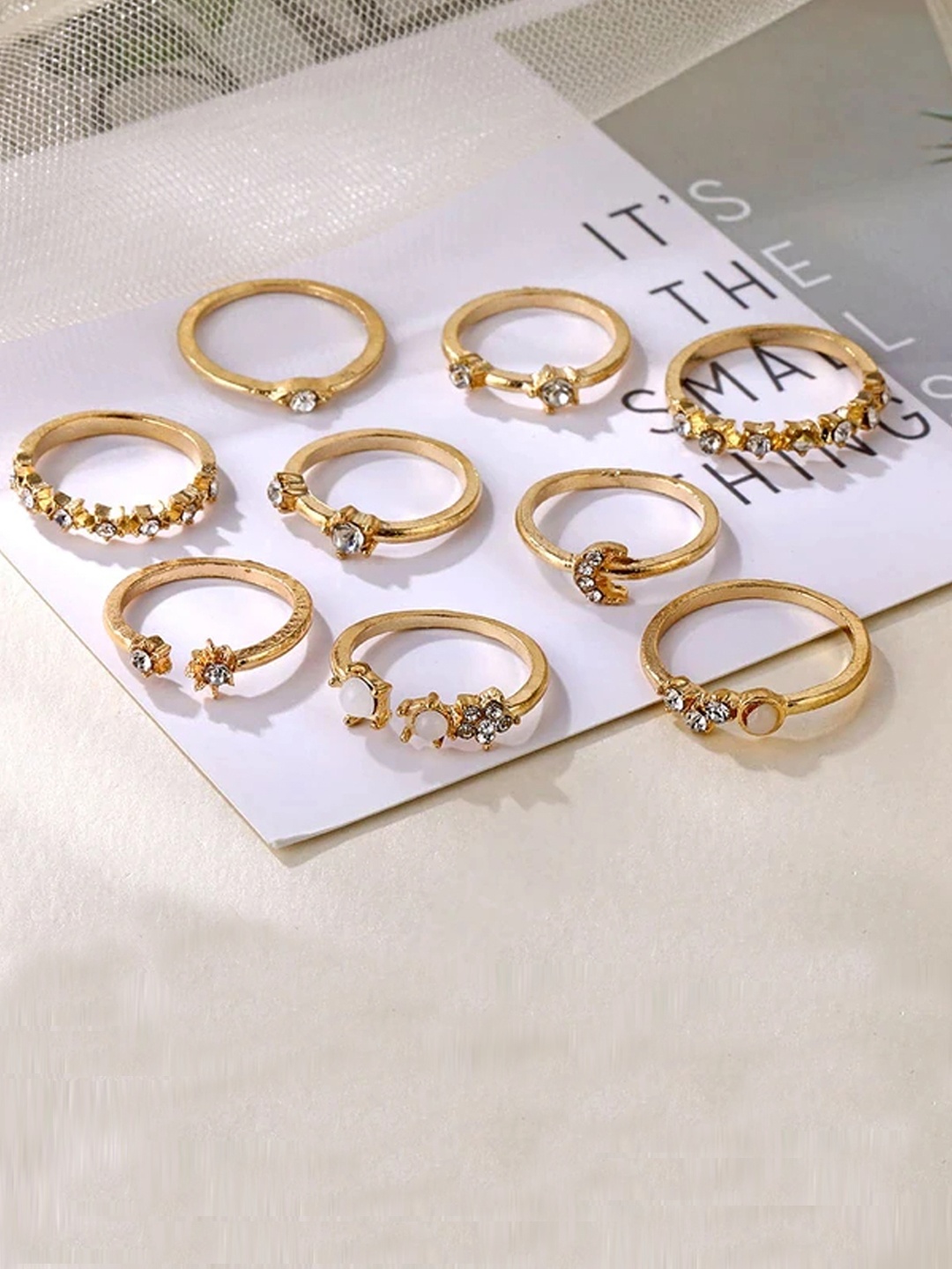 

Jewels Galaxy Women Set of 9 Gold-Plated Stone-Studded Finger Rings