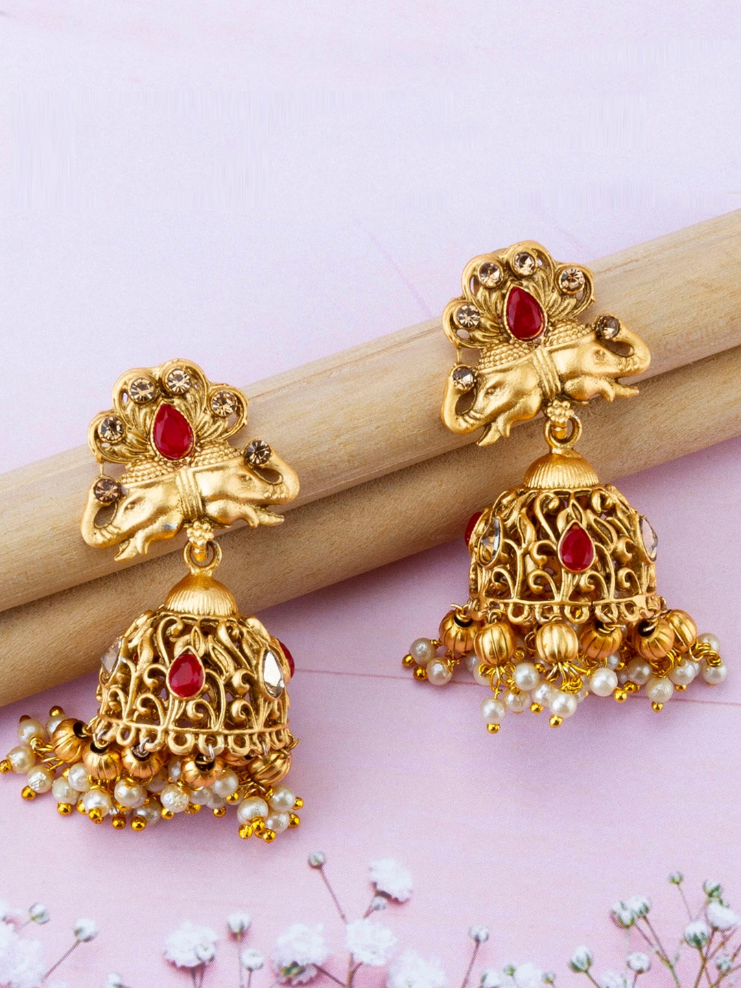 

Jewels Galaxy Red Gold-Plated Stone-Studded Dome-Shaped Jhumkas