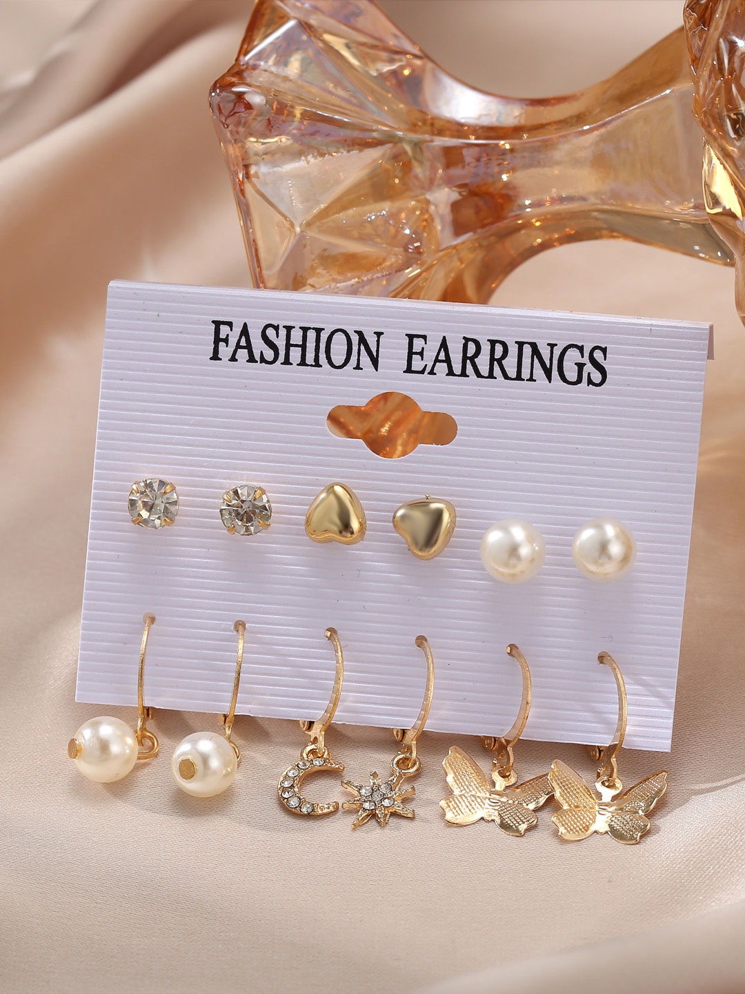 

Jewels Galaxy Set of 6 Gold-Plated Stone-Studded Beaded Earrings
