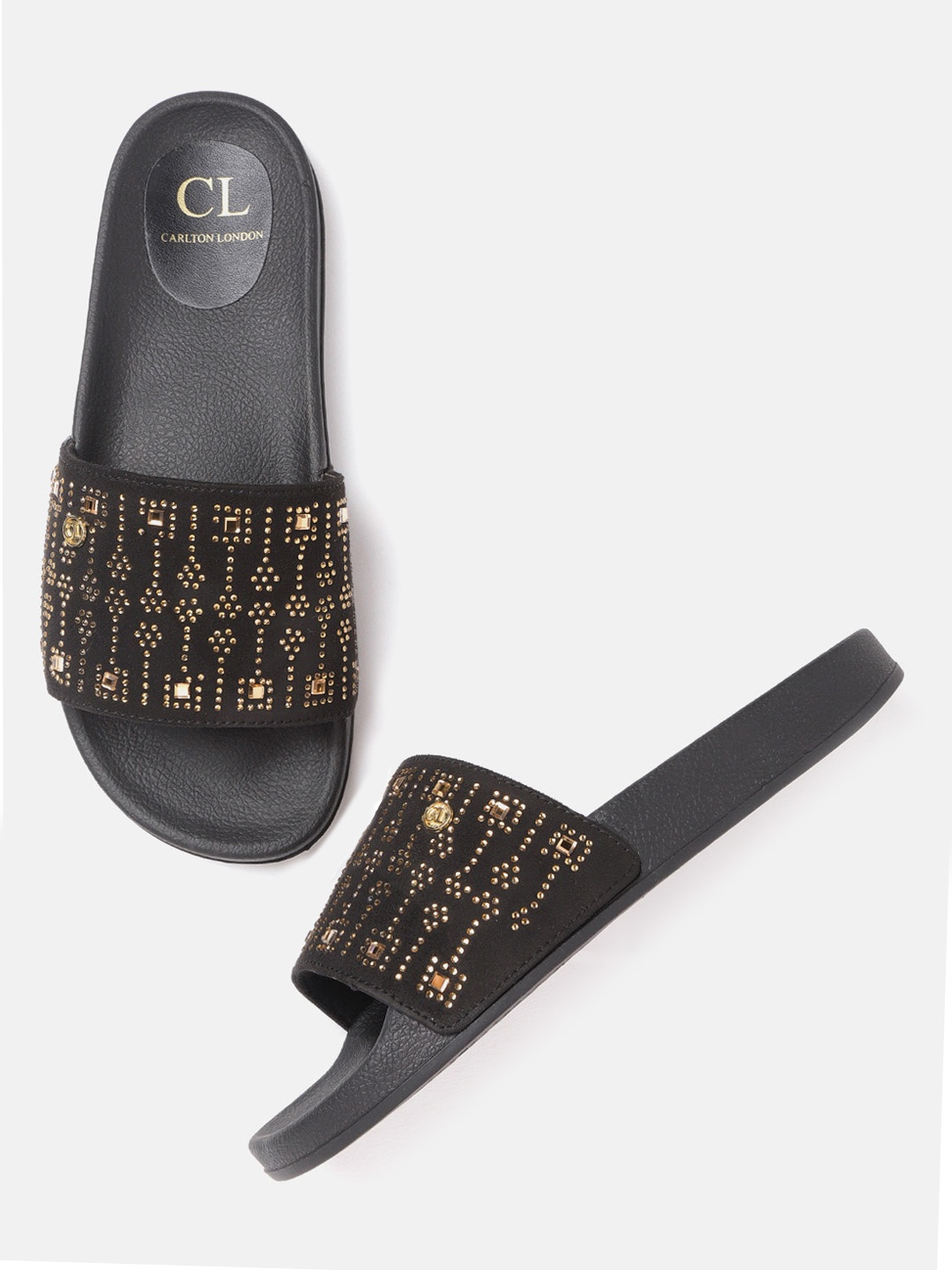 

Carlton London Women Black & Gold-Toned Embellished Open Toe Flats