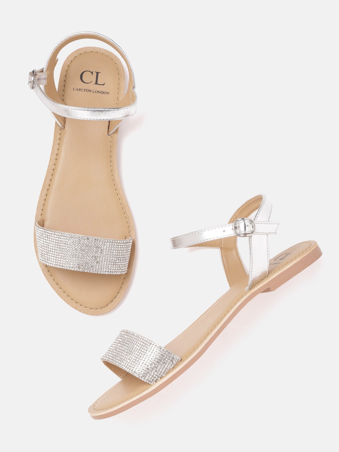 

Carlton London Women Silver-Toned Embellished Open Toe Flats