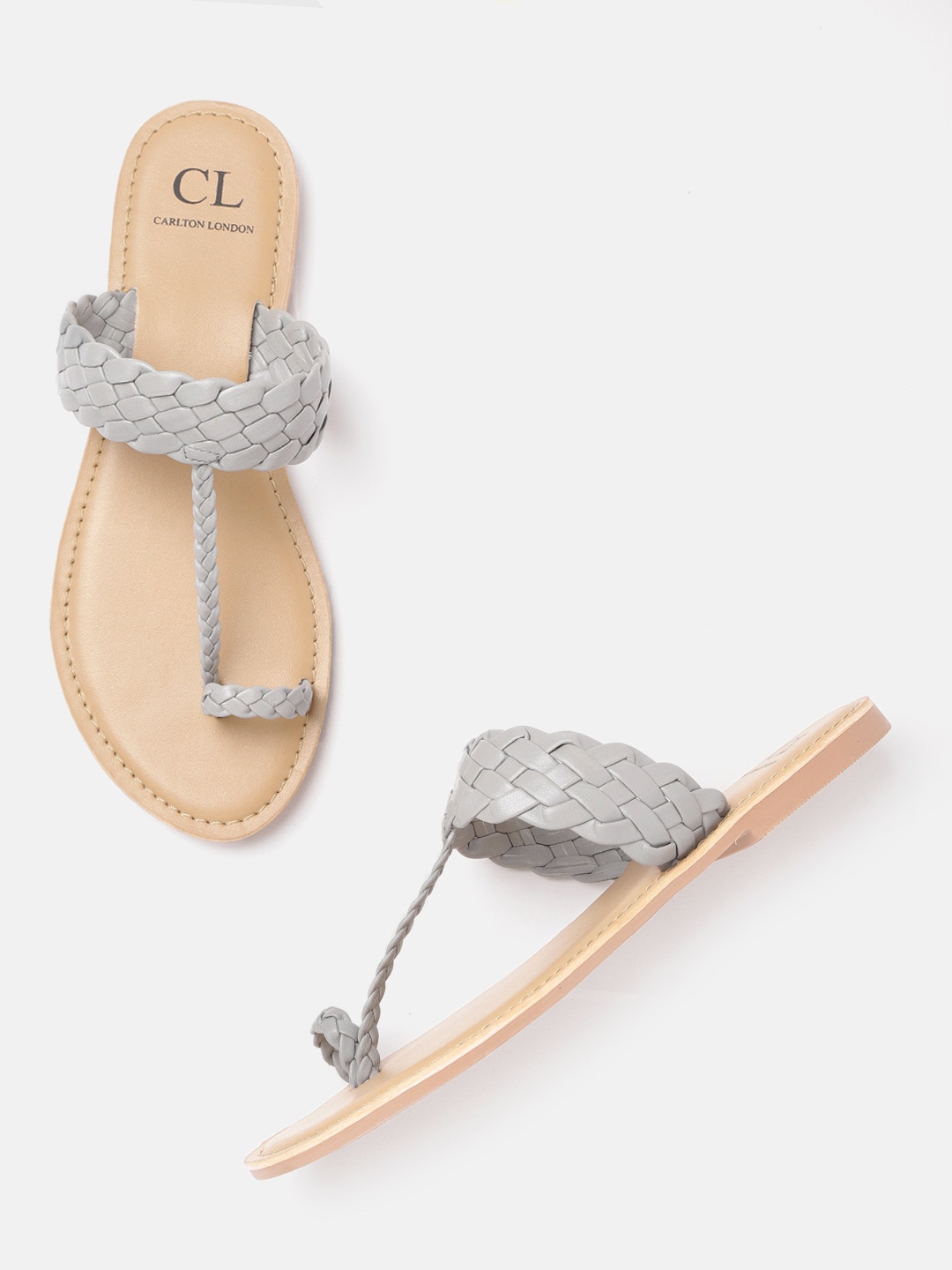Carlton London Women Grey Braided & Basket Weave Textured One Toe Flats