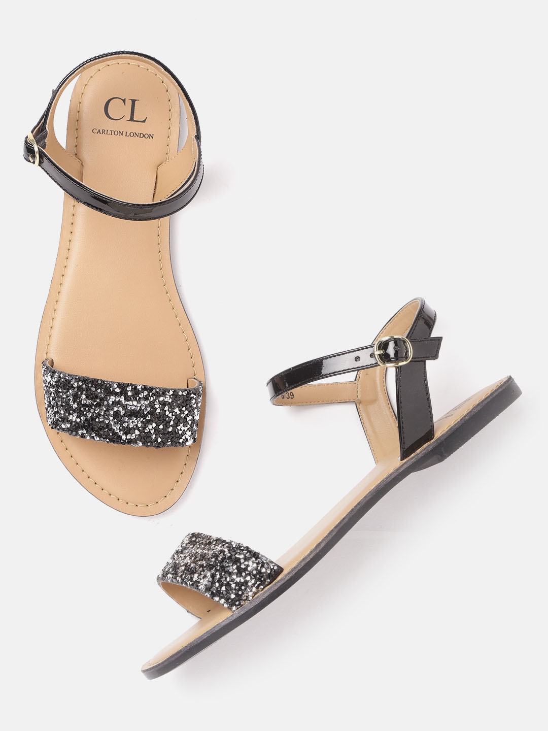 

Carlton London Women Black & Silver-Toned Embellished Open Toe Flats