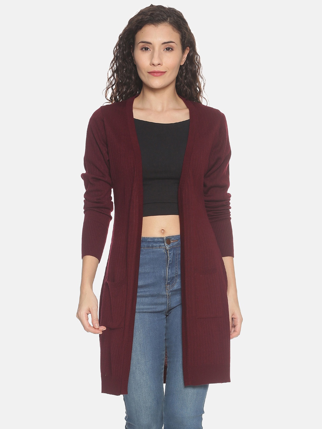 

BEVERLY BLUES Women Maroon Solid Open Front Shrug