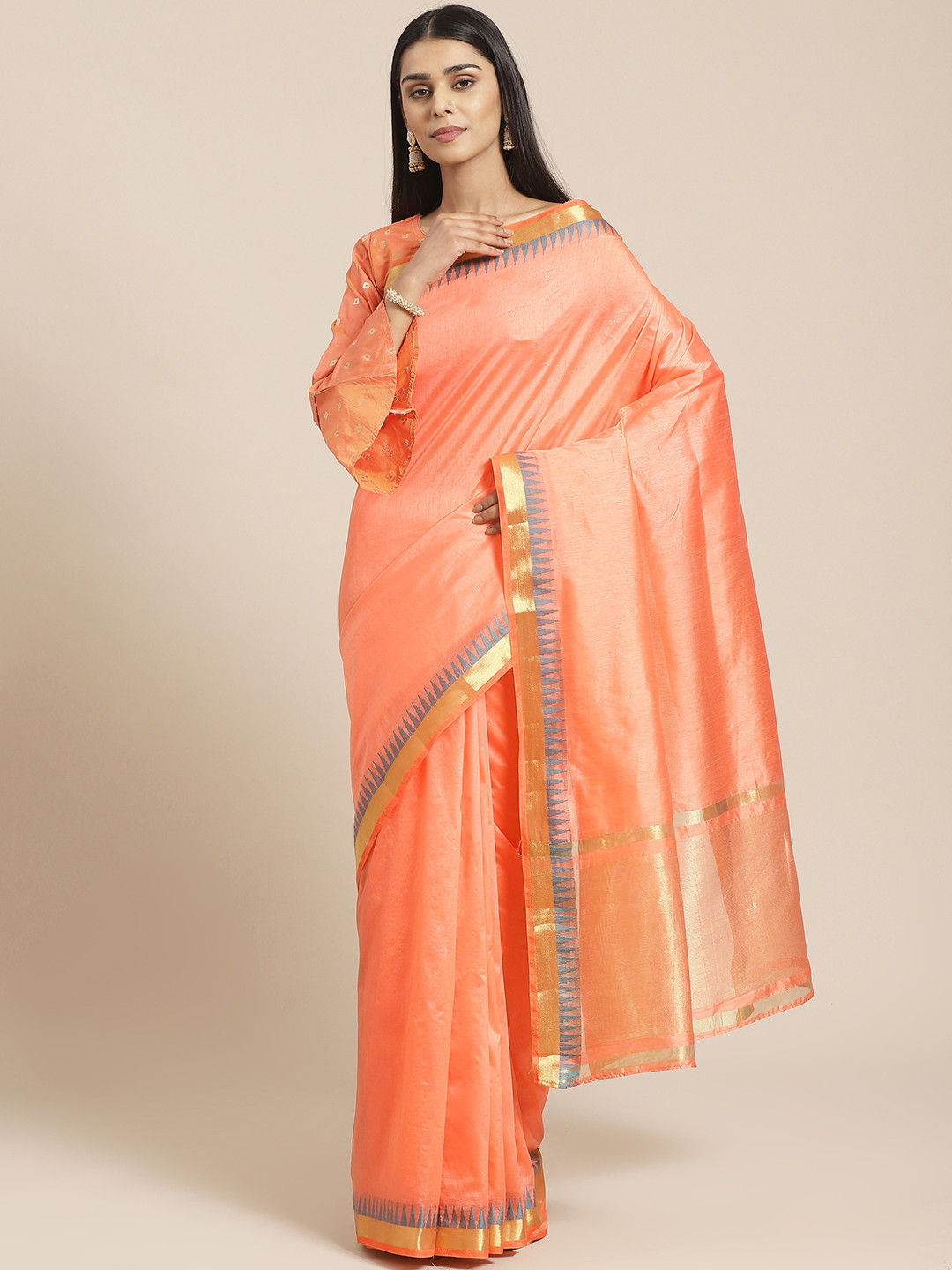 

Chhabra 555 Peach-Coloured Handloom Solid Narayan Peth Saree