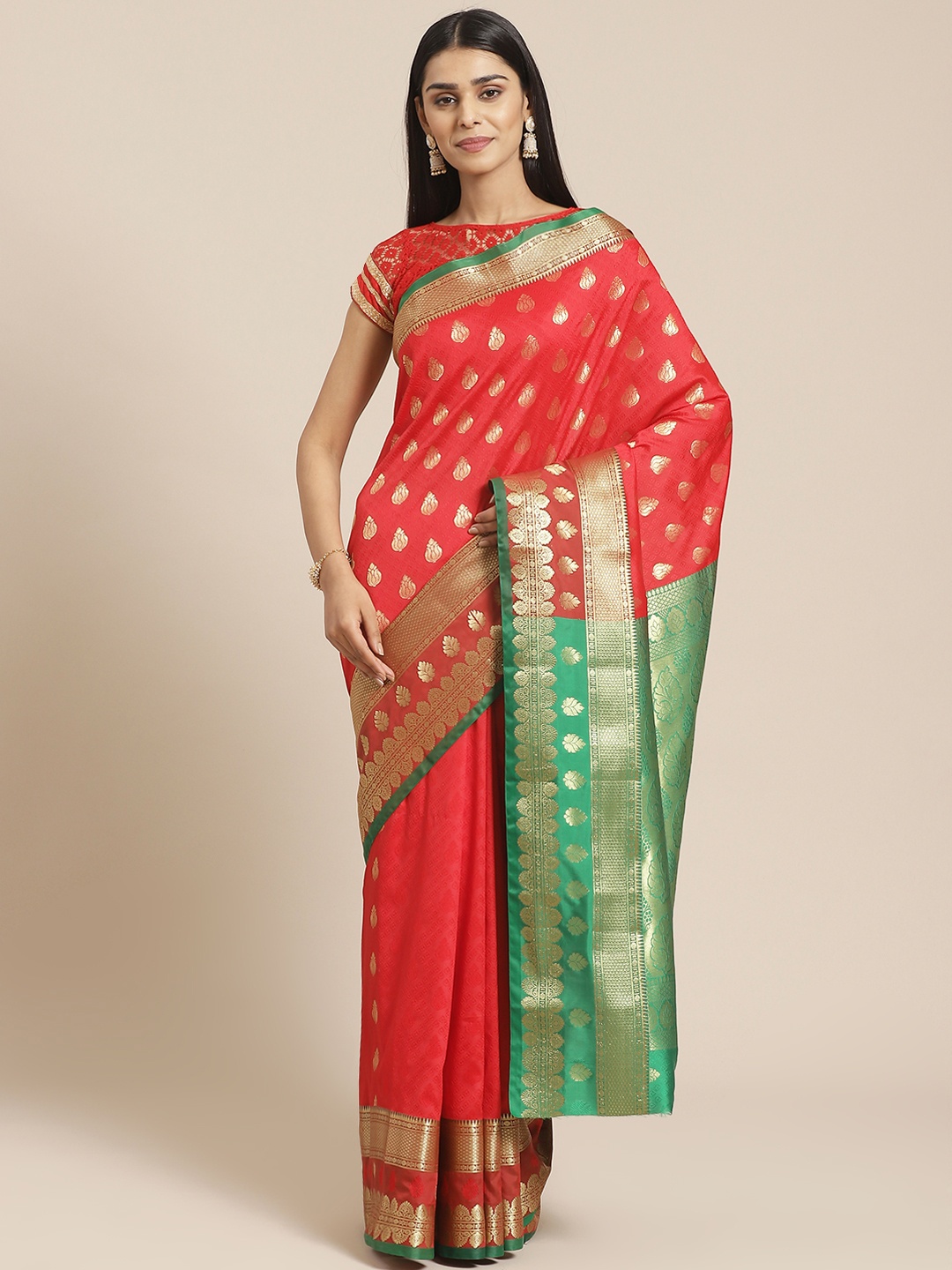 

Chhabra 555 Red & Golden Handloom Zari Woven Design Jamdani Saree