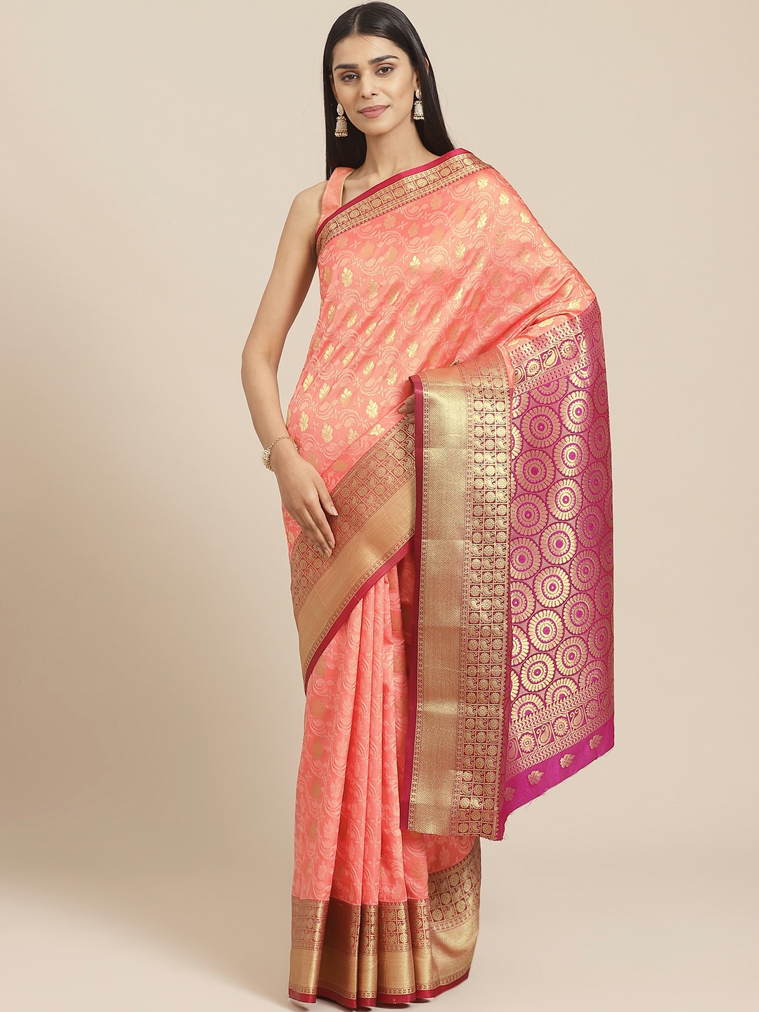 

Chhabra 555 Coral Pink & Golden Handloom Zari Woven Design Banarasi Saree