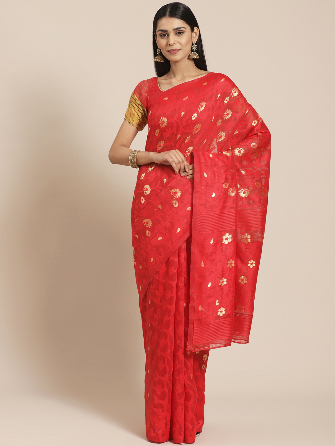 

Chhabra 555 Red & Golden Woven Design Chanderi Handloom Saree
