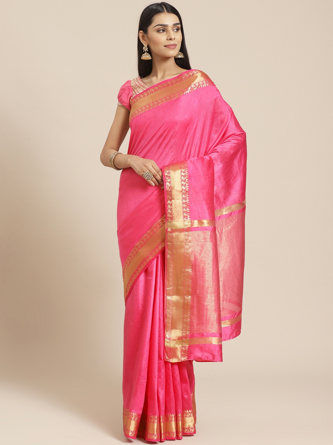 

Chhabra 555 Pink Solid Mysore Silk Handloom Saree