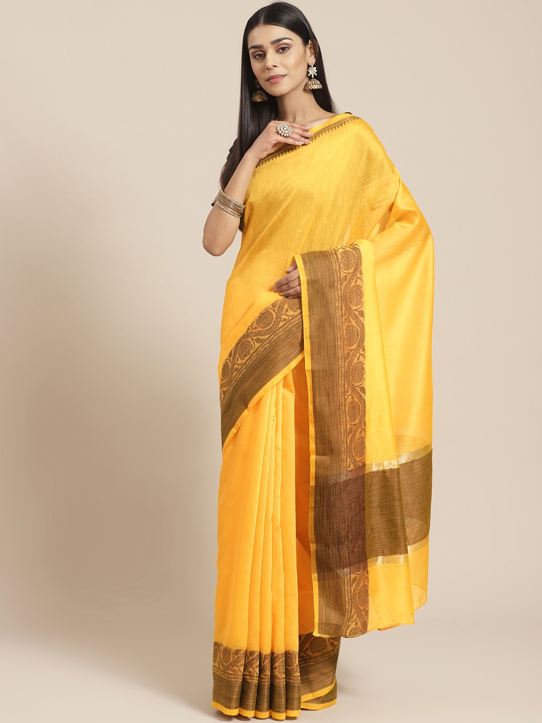 

Chhabra 555 Yellow Solid Chanderi Handloom Saree