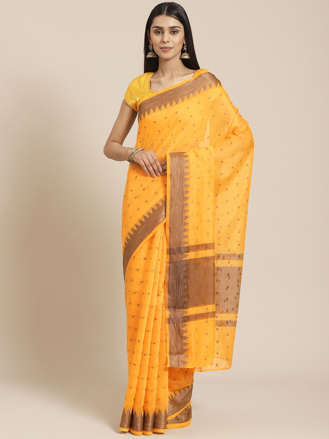 

Chhabra 555 Mustard Yellow & Brown Handloom Resham Woven Design Chanderi Saree