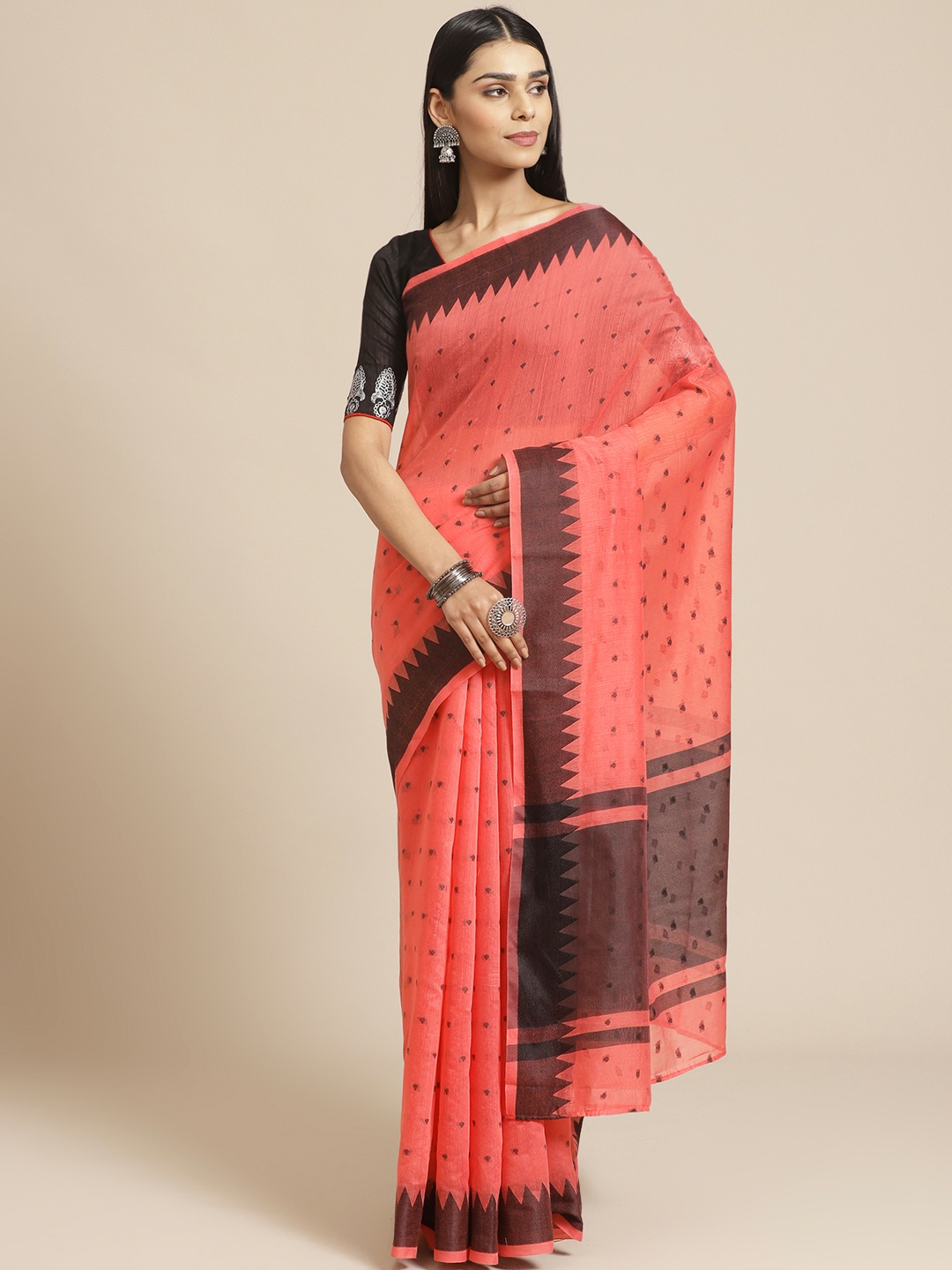 

Chhabra 555 Peach-Coloured & Black Woven Design Chanderi Handloom Saree
