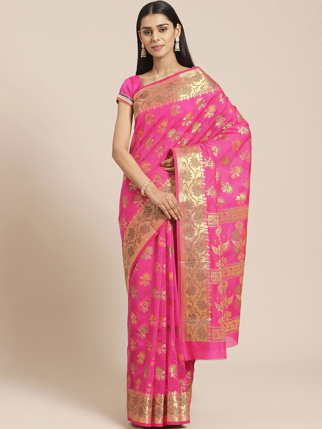 

Chhabra 555 Pink & Golden Handloom Zari & Resham Woven Design Chanderi Saree