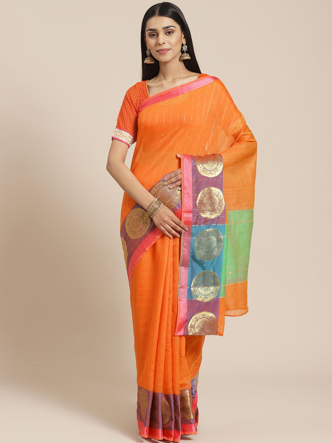 

Chhabra 555 Orange & Golden Woven Design Chanderi Saree